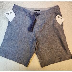 100% LINEN Heather Blue Women Shorts 6 waist 32 Pockets Bermuda Drawstring Beach